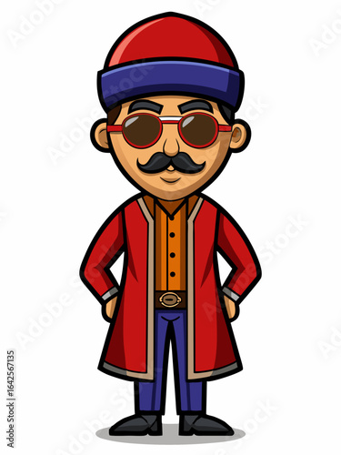 colorful illustration of a cartoon armenian man mascot with traditional clothing, isolated on white background