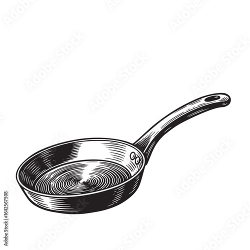 Detailed engraved illustration of a frying pan ideal for cooking and culinary concepts