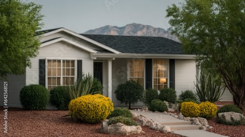 A modest white suburban house with green landscaping and mountains in the background
