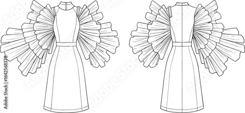 Avant-garde dress CAD, exaggerated ruffle sleeves, high neckline, fitted waist, technical fashion flat, vector template, couture design.