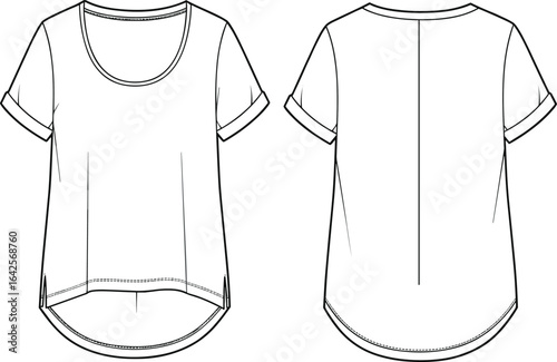 Basic women’s rolled sleeve t-shirt front and back view, scoop neck, casual wear, technical CAD drawing, fashion flat vector