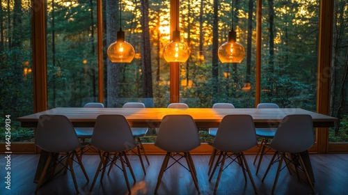 Rustic dining room with forest view