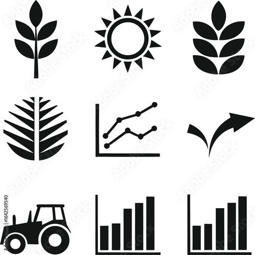 agriculture, technology, agritech, crop, yield, farming, analytics, growth, data, report, farm, business, icon, set, vector