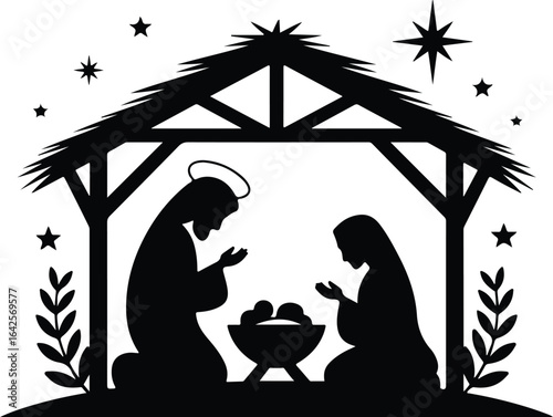 Holy family nativity scene with stars and stable silhouette