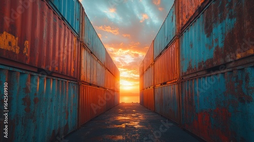 Rusty shipping containers at sunset