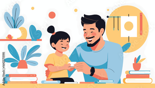 A loving father and daughter share a playful card game at home, creating cherished family moments filled with joy, laughter, and lasting memories.