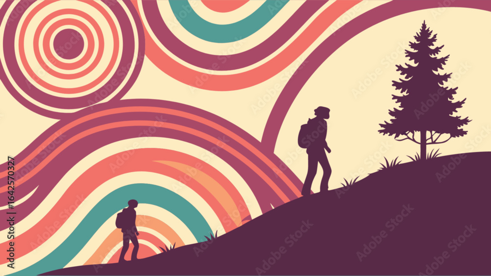 Retro hiking adventure illustration with backpackers and nature landscape vector art design element Retro hiking adventure illustration with backpackers and nature landscape vector art design element