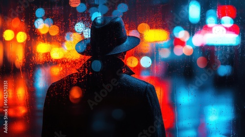 Silhouette of a man in a hat and coat, rainy night city view