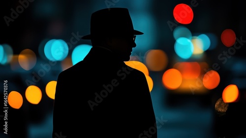 Silhouette of man in hat at night
