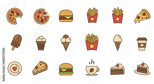 Collection of various cartoon style food items including pizza burger fries and desserts on white background