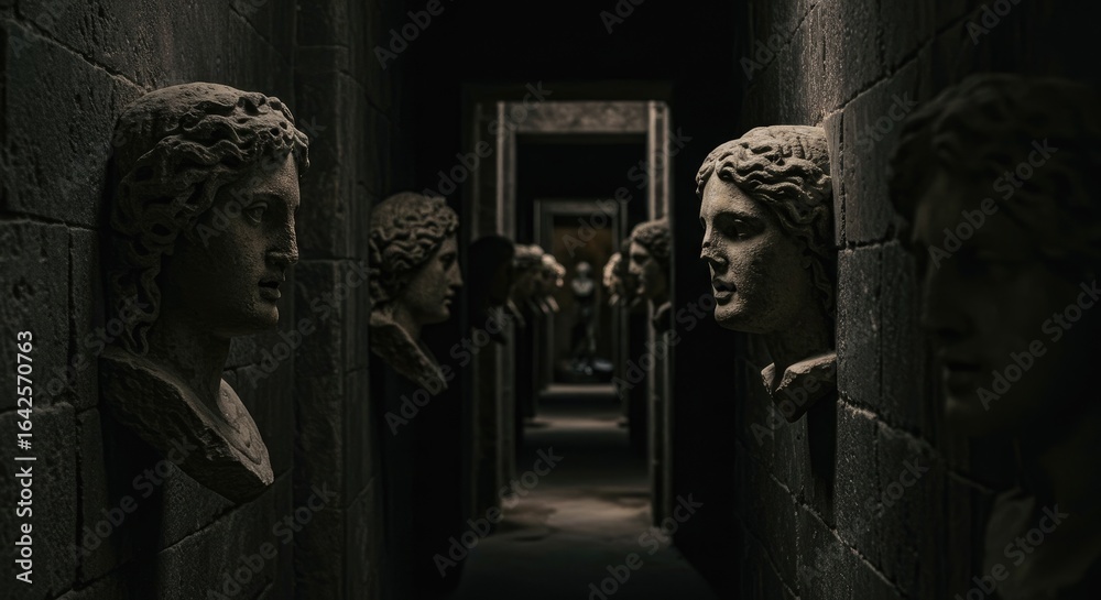 Naklejka premium Dramatic Low-Key Lighting on Ancient Stone Busts in a Dark, Mysterious Museum Corridor, Evoking Timeless History.