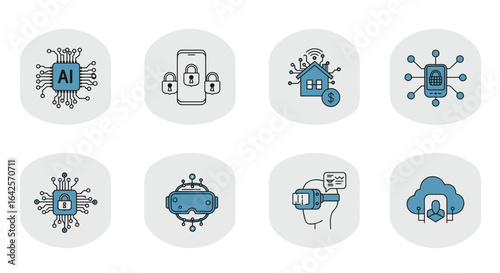 Illustration showing ai chip, secured phone, smart home, secured device, secured chip, vr headset and cloud security
