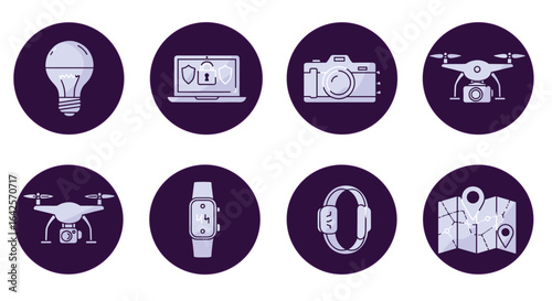 Illustration showing various smart devices including a bulb, laptop, camera, drone, watches and map icons
