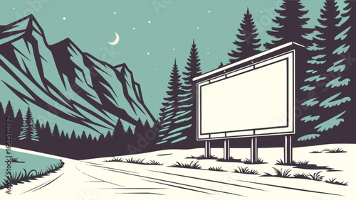 Billboard advertisement in mountain landscape with trees and road vector illustration design graphic