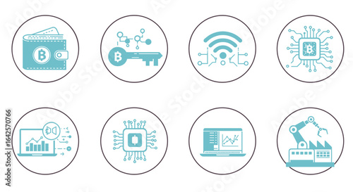 Illustration showing bitcoin wallet key wifi cpu data analysis and robotic factory in oval frames set on white
