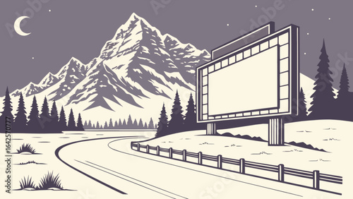 Billboard advertisement roadside mountain view vector illustration scenic landscape travel ad design