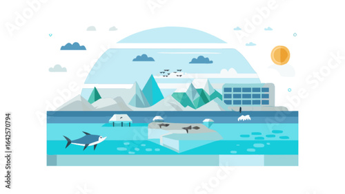 Explore arctic landscape with shark, icebergs, and research station for travel and nature enthusiasts today