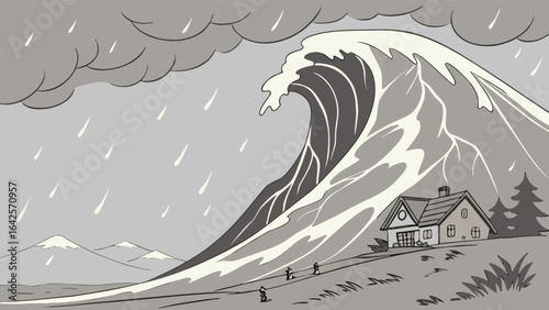 Illustration of tsunami wave disaster approaching house with rain and mountains scene drawing art