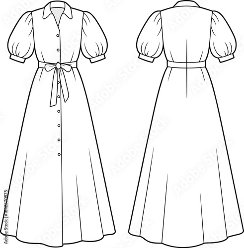 Flat technical sketch of women’s puff sleeve long dress with collar, waist tie belt, full front button design, vector illustration