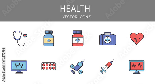 Collection of medical icons including stethoscope pills syringe monitor and first aid kit in a vector format