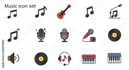 Illustration of a music icon set featuring musical notes guitar microphones vinyl records headphones and keyboards