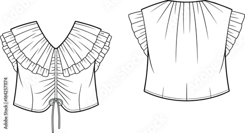 Flat fashion technical sketch of women's ruffle sleeve blouse with v-neckline and drawstring hem, front and back cad illustration