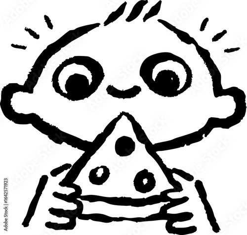 Cartoon character with wide eyes and joyful expression is holding slice of pizza. simple black and white illustration captures playful and fun moment