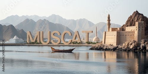 Muscat Oman Scenic Waterfront with Arabic Architecture, Fort, Mosque, Old Boat, and Mountain Skyline at Sunrise