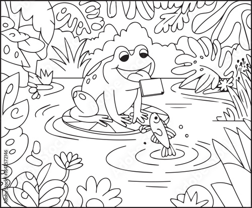 Cute frog playing with a fish on lake water coloring page for kids, black line art vector illustration for children's activity book design