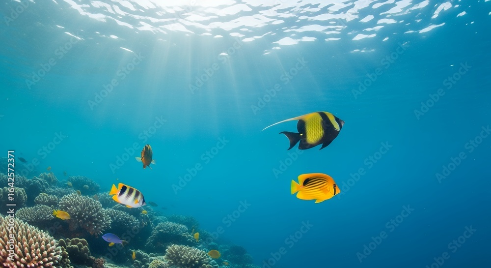 Fototapeta premium Underwater scene with colorful fish swimming near coral reef in clear blue water, concept for marine biology illustration, tropical aquarium design and ocean conservation awareness