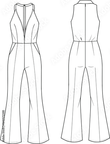 Flat fashion technical sketch of sleeveless V-neck jumpsuit with wide-leg pants, back zip, pockets, and fitted waistline design.