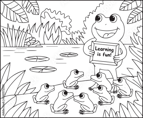 Teacher frog teaching students beside lake coloring page for kids, black line art vector illustration for children's activity book design