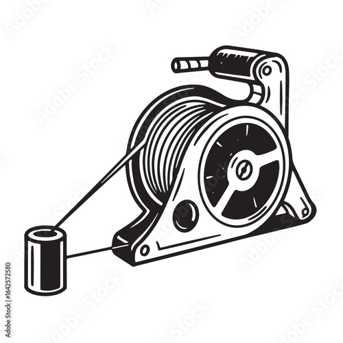 Vector illustration of a fishing reel with line spool in simple black and white design
