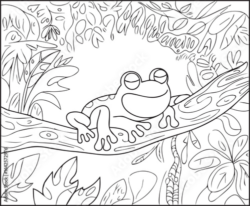 Cute frog sleeping on a tree branch in nature coloring page for kids, black line art vector illustration for children's activity book design