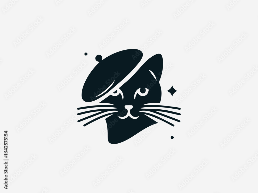 Obraz premium Stylish French beret wearing cat vector logo illustration with elegant artistic flair