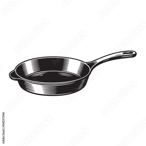 Vintage black and white illustration of a cast iron frying pan with a handle