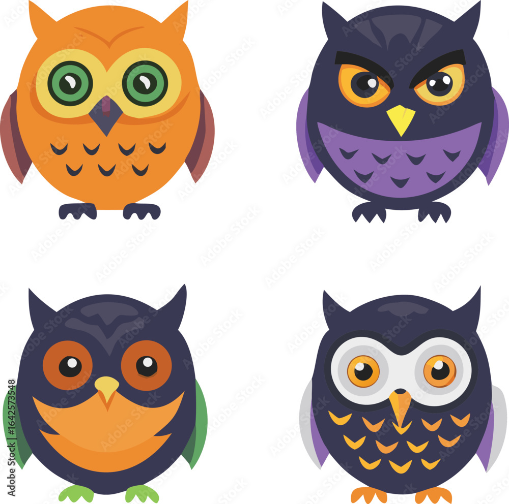 Fototapeta premium Four Halloween owls orange purple dark vector