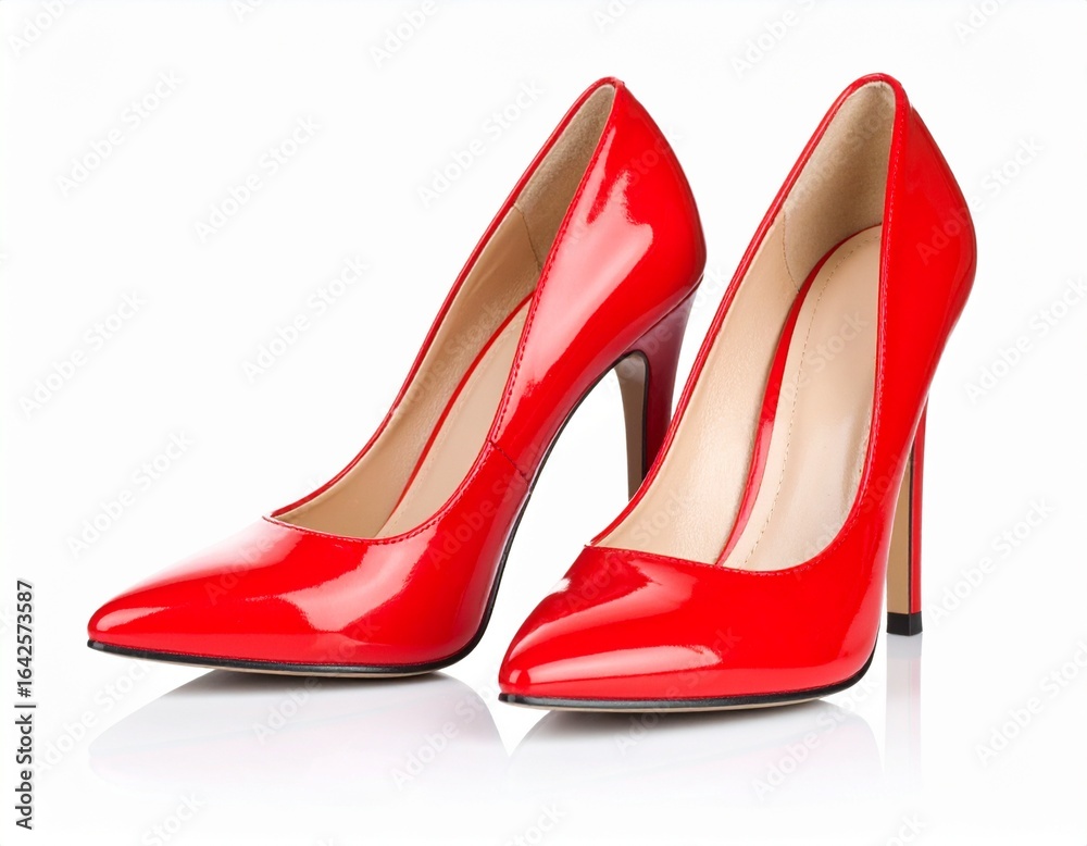 A pair of shiny red high-heeled shoes on a white background A pair of shiny red high-heeled shoes on a white background