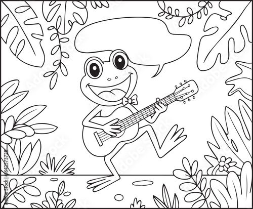 Cute frog enjoying with guitar in nature coloring page for kids, black line art vector illustration for children's activity book design