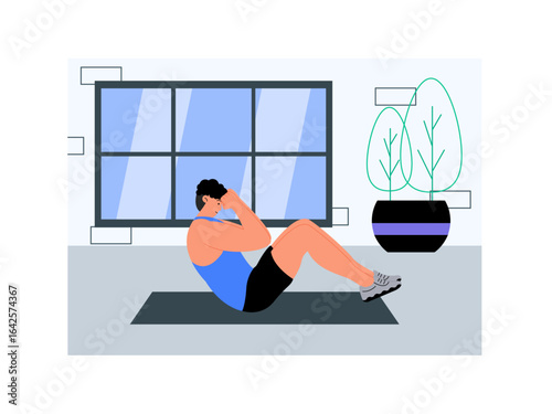 Build abdominal muscles by doing sit ups. Exercise physical activity in gym. Fitness vector illustration. Flat illustration concept.	