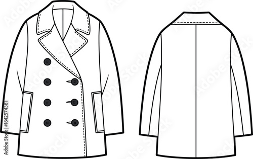 Double-breasted women’s coat flat sketch with wide lapel collar, front buttons, and welt pockets — cad drawing flat vector illustration