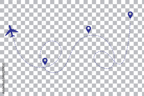 Travel concept Dotted path airplane Aircraft tracking. Line path vector icons of air plane flight routes with start point and dash line trace. 