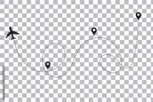 Travel concept Dotted path airplane Aircraft tracking. Line path vector icons of air plane flight routes with start point and dash line trace. 