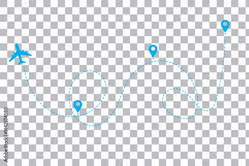 Travel concept Dotted path airplane Aircraft tracking. Line path vector icons of air plane flight routes with start point and dash line trace. 