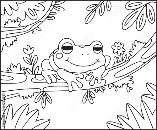 Cute frog sleeping on a tree branch in nature coloring page for kids, black line art vector illustration for children's activity book design