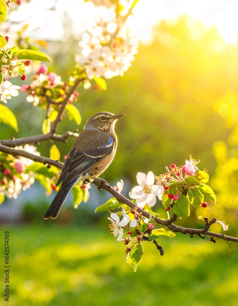 Obraz premium Bird perched on flowering branch