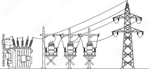 Electrical power substation transformer, circuit breakers, high voltage transmission tower, energy distribution grid, industrial electricity infrastructure vector illustration