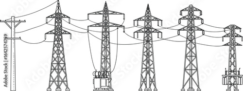 Electrical power transmission towers, utility poles, high voltage transformers, energy distribution grid, industrial infrastructure, electricity network vector illustration