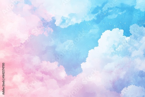 Cute pastel watercolor background with dreamy pink and blue sky, soft clouds, and intricate high-resolution details in a whimsical style