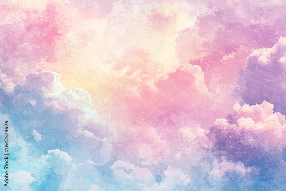 Fototapeta premium Cute pastel watercolor background with dreamy pink and blue sky, soft clouds, and intricate high-resolution details in a whimsical style
